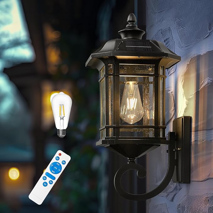 Emliviar Solar LED Wall Light Outdoor,Dusk to Dawn Solar Porch Light with Remote Control, Black Finish with Seeded Glass, Bulb Included, 22021M-SL BK