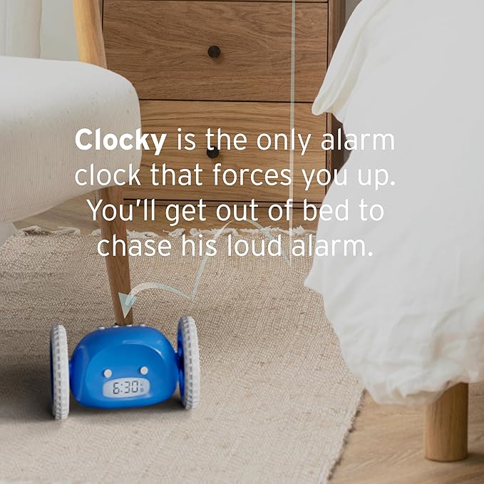 CLOCKY Extra Loud Alarm Clock for Heavy Sleepers on Wheels Rolls Runs Away Vibrating Easy to Set Super Smart Snooze Digital Bed Shaker Alarm Clock Funny Gift for Adults Kids Teens Bedrooms (Blue)