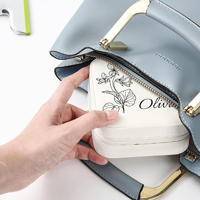 Personalized Jewelry Boxes for Women, Custom Travel Jewelry Case with Name and Birth Flower Month, Portable Jewelry Box Organizer for Mom Birthday Gifts (Not customizable)