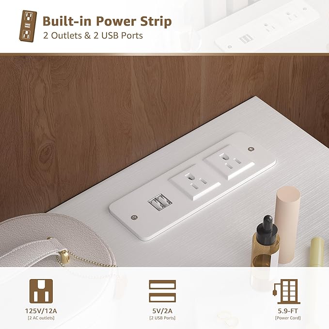 White Makeup Vanity Desk with Mirror and Lights Big Vanitys Set with Chair, Drawers and Power Outlet, Dressing Table Vanities for Girls Bedroom 47“