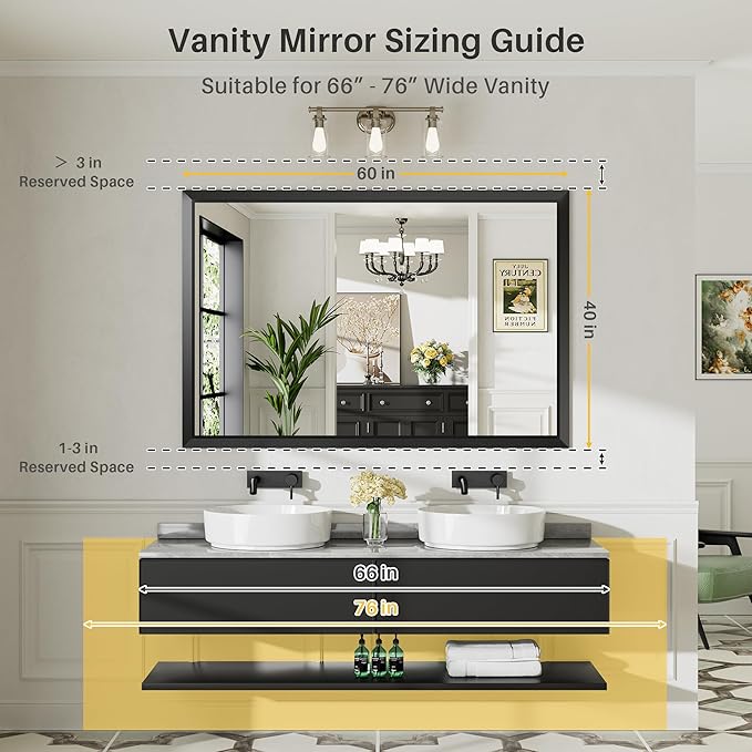 60x40 Inch Black Bathroom Mirror for Wall, Thick Metal Framed Rectangle Mirrors for Over Sink, Bedroom, Living Room, Entryway, Anti-Rust, HD Tempered Glass