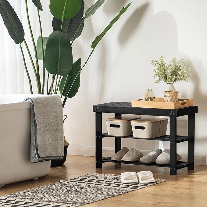 Apicizon Bamboo Shoe Rack for Entryway, 3-Tier Shoe Rack Bench for Front Door Entrance, Small Shoe Organizer with Storage, Black