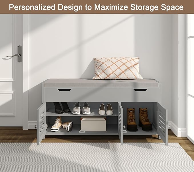 ChooChoo 41.3" Shoe Storage Bench with Lift Top Storage, Entryway Bench with Cushioned Seat, Adjustable Shelf, Shoe Cabinet with Hidden Space, for Entryway, Bedroom, Living Room, Grey