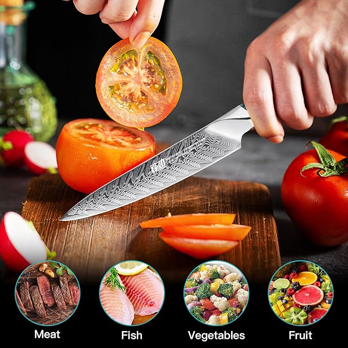 FINDKING Nebula Series Kitchen Utility Knife with ABS Sheath, Versatile Small Petty Knife, 10Cr15CoMov Damascus Blade, Resin and Figured Sycamore Handle, Full Tang, 5 Inch, Blue, for Fruit, Steak