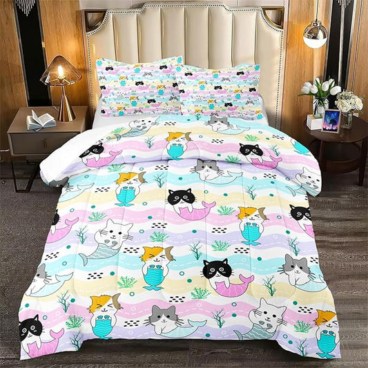 Girls Cat Bedding Set - Queen Size, 3Pcs Cute Cartoon Mermaid Tail Cat Patterns Comforter Set for Girls Boys Kids Bedroom Decor, 1 Comforter 2 Pillow Cases