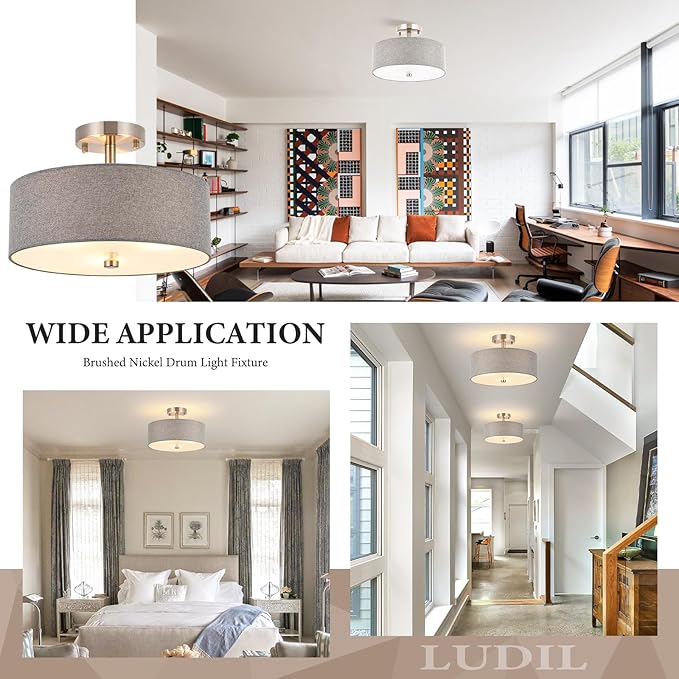 3-Light Semi Flush Mount Ceiling Light Fixture, 13" Modern Drum Light with Grey Fabric Shade, Close to Ceiling Lighting Hanging Lamps for Bedroom Living Room Dining Room Kitchen Hallway