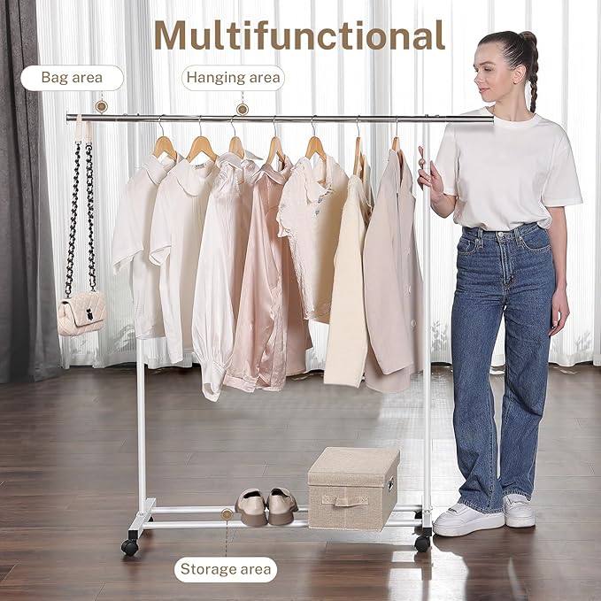 Clothes Rack, 130LB Capacity Heavy Duty Clothing Rack with Wheels and Bottom Shelf, 52.17 Inch Rolling Racks for Hanging Clothes, Coats, Shirts, Sweaters, Skirts, Dress, White