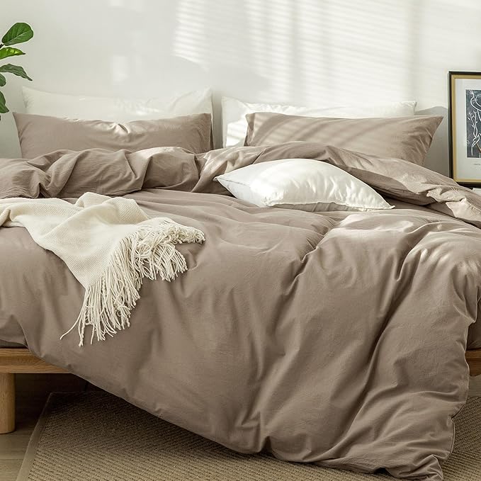 MooMee Bedding Duvet Cover Set 100% Washed Cotton Linen Like Textured Breathable Durable Soft Comfy (Solid Mocha Brown, Full 80"x90")