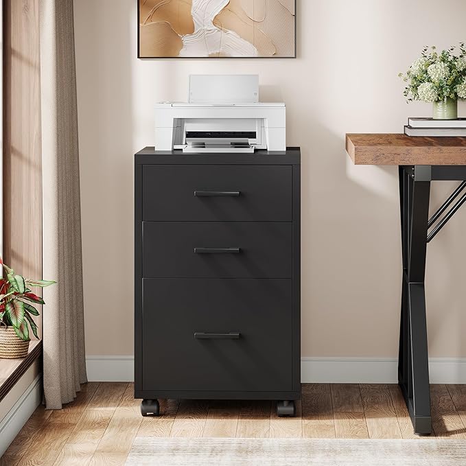Triebsigns 3 Drawer File Cabinet, Wooden Office Filing Cabinet, Modern Rolling Printer Stand for Home Office, fits A4 or Letter Size, Under Desk, Black