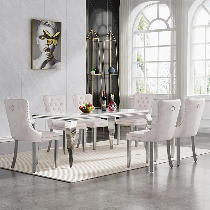 Goujxcy 70" Marble Dining Table Set for 6, Modern 7 Piece Dining Room Table Set with White Faux Marble Dining Table & 6 Beige Velvet Upholstered Chairs, Luxury Silver Kitchen Table Chairs Set of 6