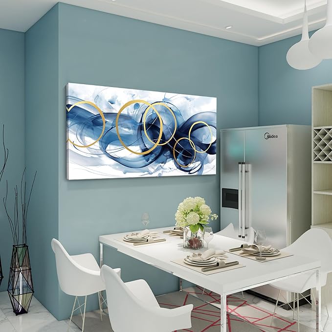 HKDGOKA Wall Art Living Room - Large Abstract Gold Blue Gradient Paintings Wall Canvas Artwork Modern Office Bedroom Pictures for Kitchen Bathroom Wall Decor 20x40 In