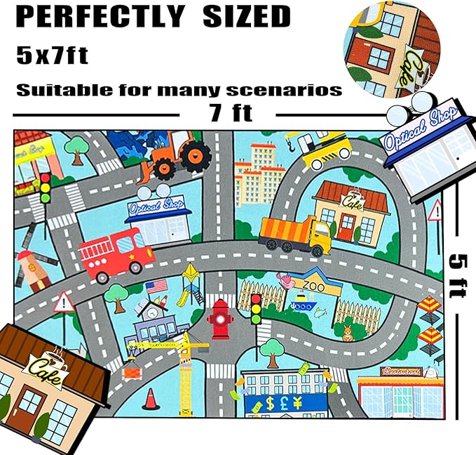 Car Mat for Kids Toy Cars - Car Track Rug Car Carpet for Kids Play Mat City Life Road Rug for Playroom Living Room Bedroom Classroom, 3'×5'