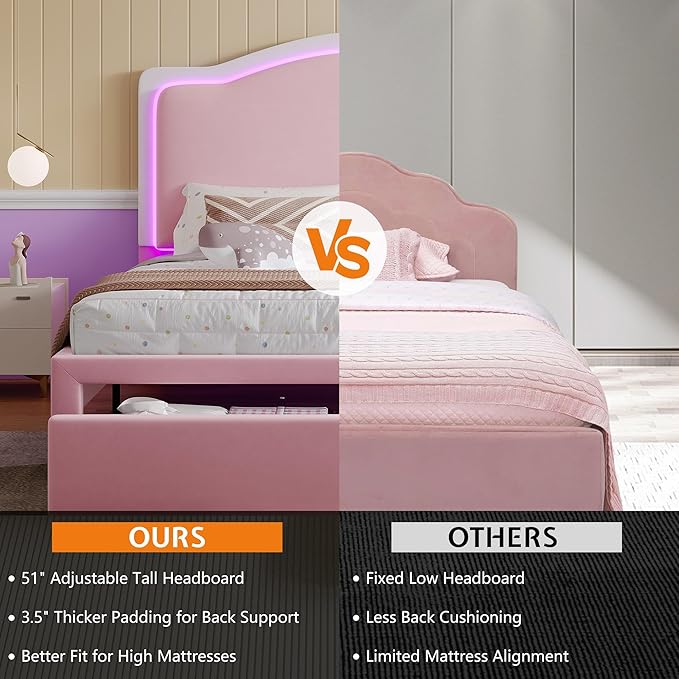 Jocisland Queen Bed Frame with Storage Drawers, 51" Adjustable Velvet Headboard, RGB LED Lights, Upholstered Platform Bed, Modern Bed for Teens, Guest Room, No Box Spring Needed, Pink