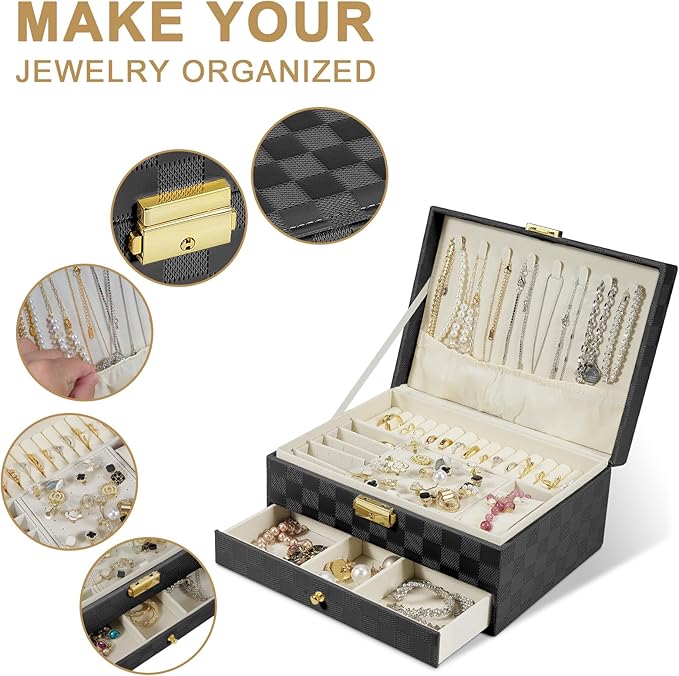 Jewelry Box for Women Girl Wife - Large PU Leather Jewelry Organizer Storage Case with Two Layers Display for Earrings Bracelets Rings Watches (Checkered Black)