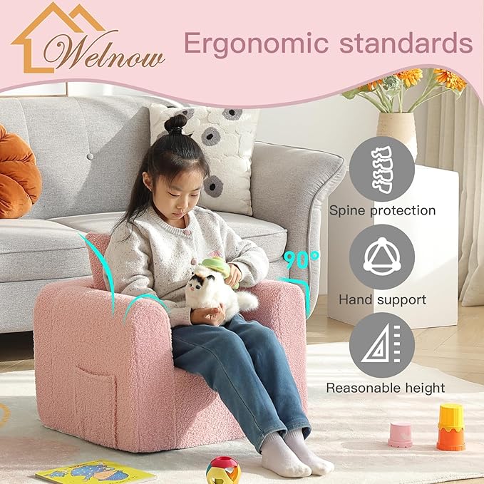 Welnow Kids Sofa with Pillow, Cozy Toddler Chair Soft Foam Seat for Reading, Children's Couch with Armrest Lightweight Comfy Kids Furniture for Bedroom, Playroom for Boys and Girls, Sherpa Pink
