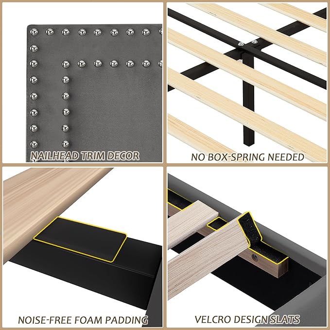 VECELO Twin Size Platform Bed Frame with Adjustable Upholstered Headboard, Strong Wood Slat Support, No Box Spring Needed, Easy Assembly