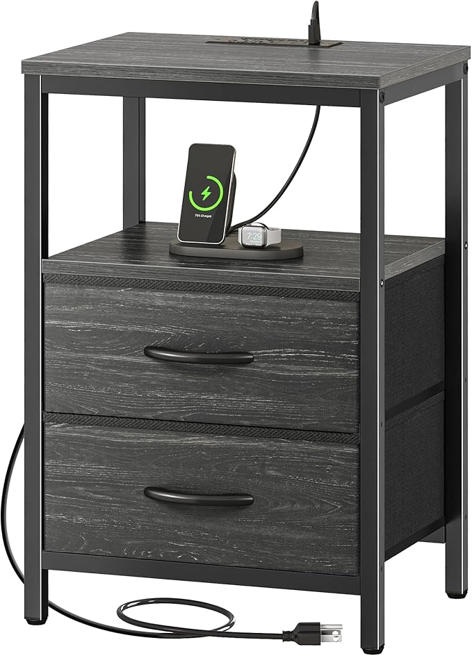 Huuger Nightstand with Charging Station, Fabric Drawers, End Table with Open Shelf, Bedside Table with USB Ports and Outlets, Night Stand for Bedroom, Charcoal Black Wood Grain Print