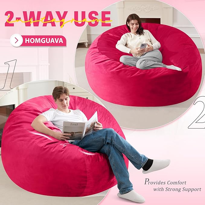 Homguava 6 FT Bean Bag Chair: 6' Bean Bags with Memory Foam Filled, Large Beanbag Chairs Soft Sofa with Dutch Velvet Cover-Pink