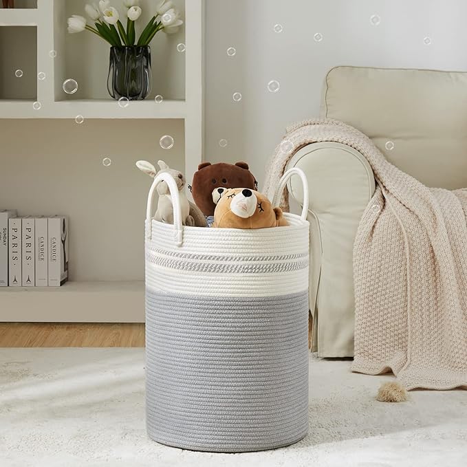 Woven Rope Laundry Hamper Basket, 58L Tall Luandry Basket, Baby Nursery Hamper for Blanket Storage, Clothes Hamper for Laundry in Bedroom-Grey