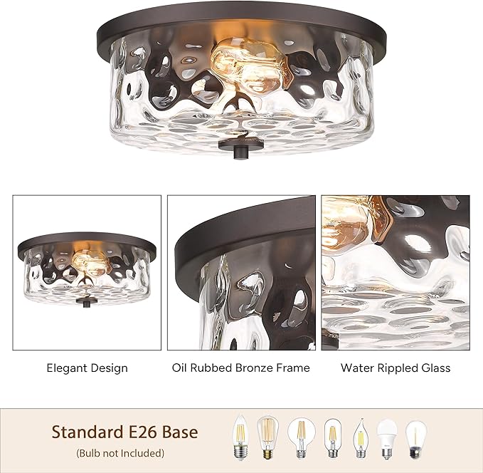 Indoor Flush Mount Lights, 2-Light Interior Hammered Glass Ceiling Fixture, Antique Bronze for Hallway, Dining Room, Kitchen