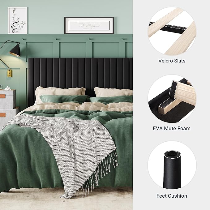 Allewie King Platform Bed Frame, Velvet Upholstered with Adjustable Vertical Channel Tufted Headboard, Mattress Foundation with Strong Wooden Slats, Box Spring Optional, Easy Assembly, Black