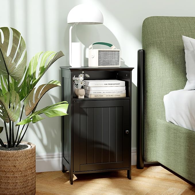 Tangkula Bathroom Storage Cabinet, Freestanding Wooden Single Door Side Floor Organizer with Adjustable Shelf, Small Bathroom Cabinet for Small Spaces, Living Room (Black)