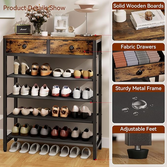 IBUYKE 5 Tier Shoe Rack, Metal Shoe Storage Organizer with 2 Drawers, Shoe Storage Rack for 12-16 Pairs of Shoes, Modern Shoe Stand with Fabric Shelf for Entryway Closet Bedroom, Rustic Brown TXJ040H