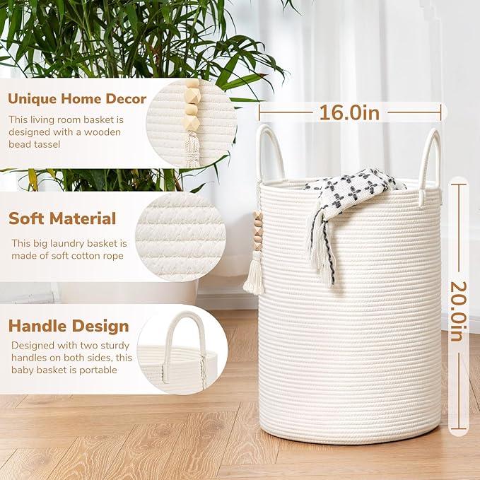 Goodpick White Laundry Basket with Handles, Tall Woven Laundry Hamper for Clothes, Towels, Pillows, Toys, Decorative Blanket Basket for Living Room, Bedroom, Playroom, 16 x 20 inches