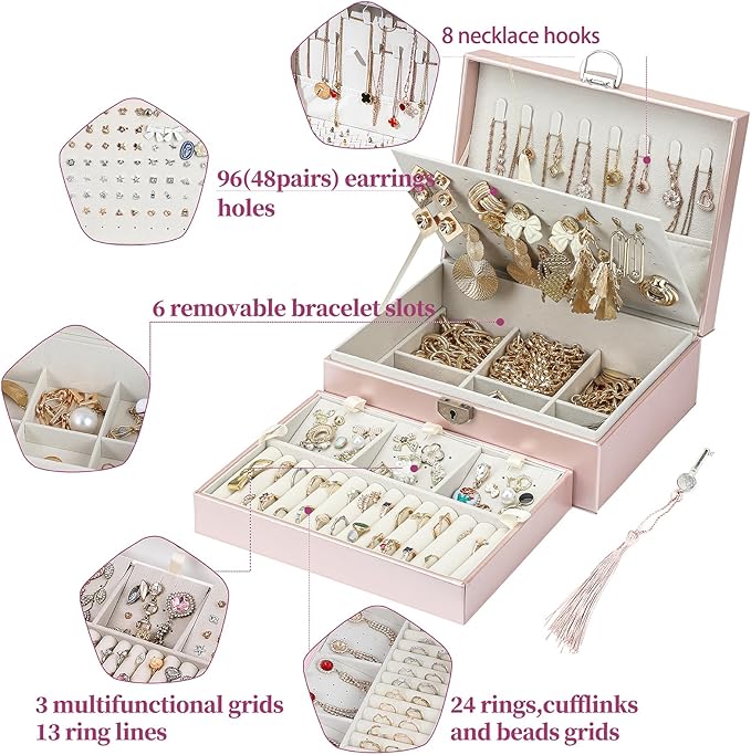 BOOVO Earring Jewelry Box For Women Girl Stud Organizer, 4 Layers Girl Jewelry Organizer Box With Lock Earring Holder Organizer Necklace Ring Jewelry Organizer Box For Girls (Rose Gold, 4 layer)