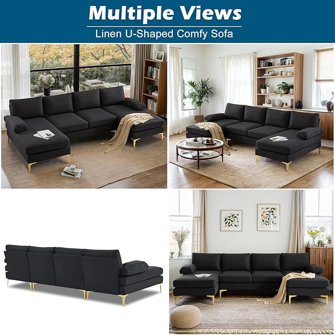 VINGLI 110" Modern U Shaped Sectional Couch with 51"D Double Chaise for Living Room, Black Deep Seat Sectional Sofa Sets with 5.9" Thickness Seating Padding for Home Furniture,Linen Fabric,Metal Legs