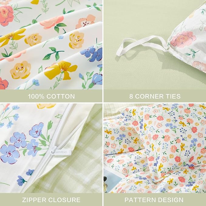 SAPHREAS King Size Colorful Flowers Duvet Cover Set 3pcs Botanical Floral Bedding Comforter Cover Set 100% Cotton 1 Duvet Cover 104"x90" 2 Pillow Shams, Comforter Not Included