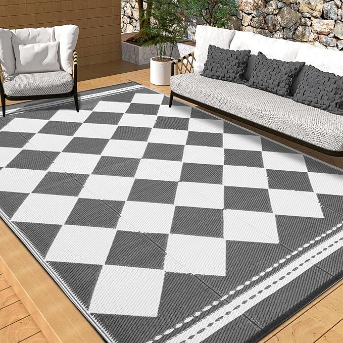 OMERAI Reversible Waterproof Outdoor Rug for Backyard,Plastic Textured Resistant Outdoors Rugs,Portable Washable Easy Cleaning Foldable Camping Beach Carpet for Patio Courtyard, 5'x8' Gray & White
