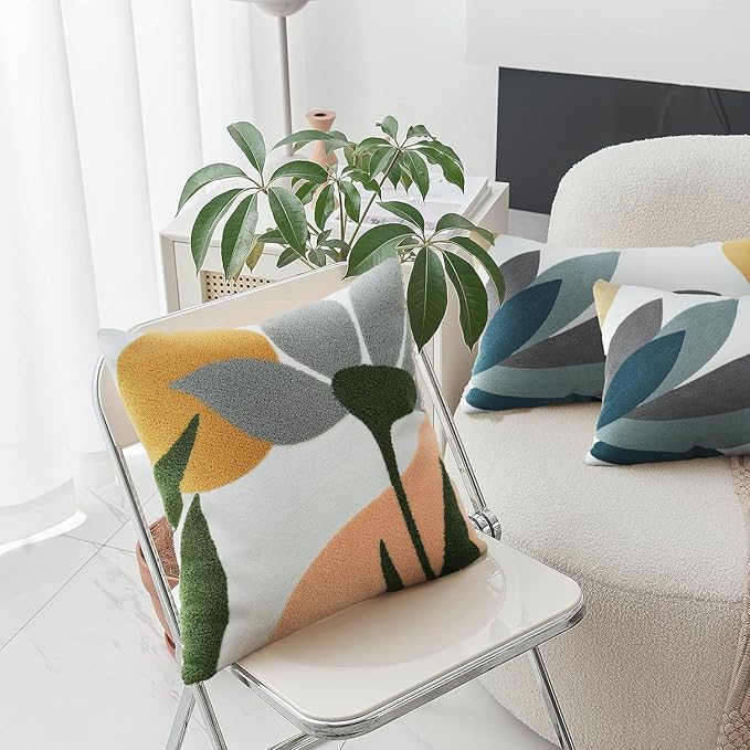 Merrycolor Boho Decorative Throw Pillow Covers Abstract Tufted Mid Century Modern Throw Pillows Leaf Sun Aesthetic Textured Pillow Cover Green Throw Pillows Cover for Bed Couch,Flower 18x18 Inch