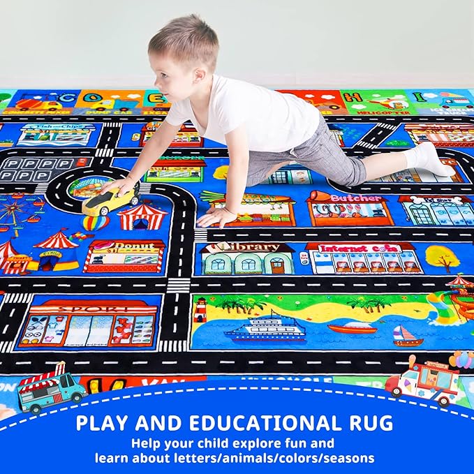 Kids Rugs for Toy Cars Playroom 110"×78.7" ABC Transportation Animals Play Mat Educational Mat Alphabet Area Rug Public Buildings Kids Playtime Collection Toddler Learning Carpet