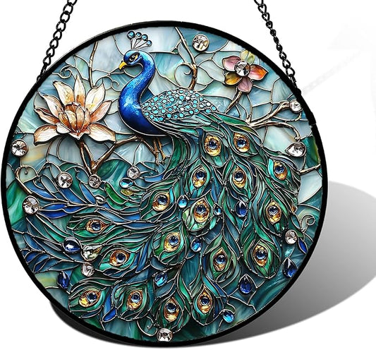 Stained Glass Window Hanging, Blue Peacock Decoration Suncatcher for Door Garden Home Flower Bird Sun Catchers Christmas Mother's Day Birthday Gifts for Women Men Mom Nana Friend 6.3 in
