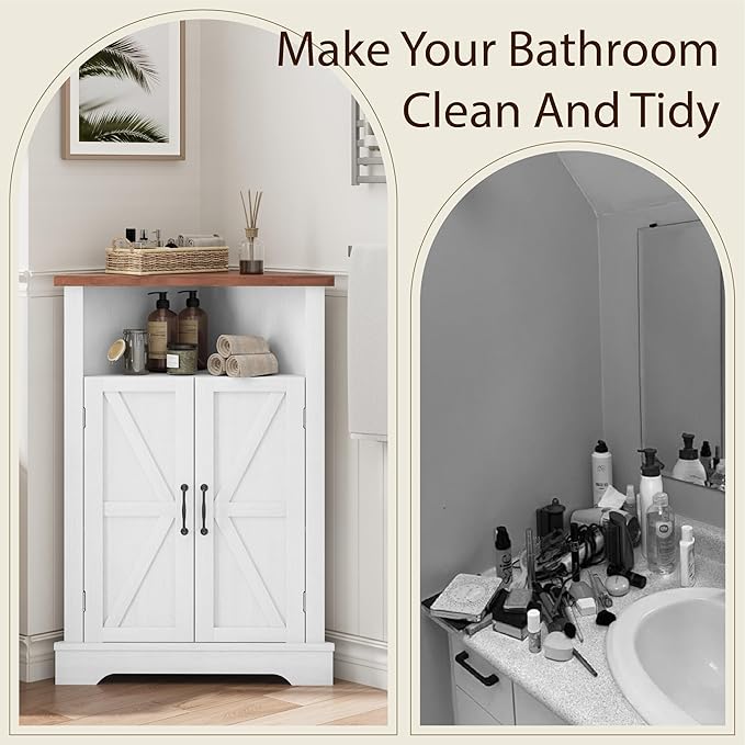 Smuxee Bathroom Corner Storage Cabinet, Farmhouse Floor Corner Cabinet with Barn Door and Adjustable Shelf, White Narrow Cabinet Organizer for Bathroom, Living Room, Kitchen