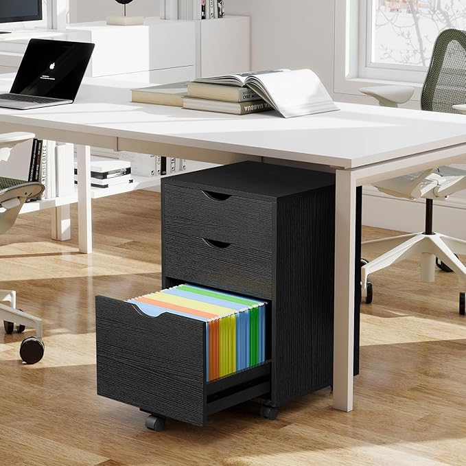 HollyHOME 3-Drawer Wood File Cabinet, Under Desk Cabinet for Home Office, Rolling Storage Shelf for Home, Printer Stand, for A4, Letter-Size Files, 11.8in Hanging File Folders, Black