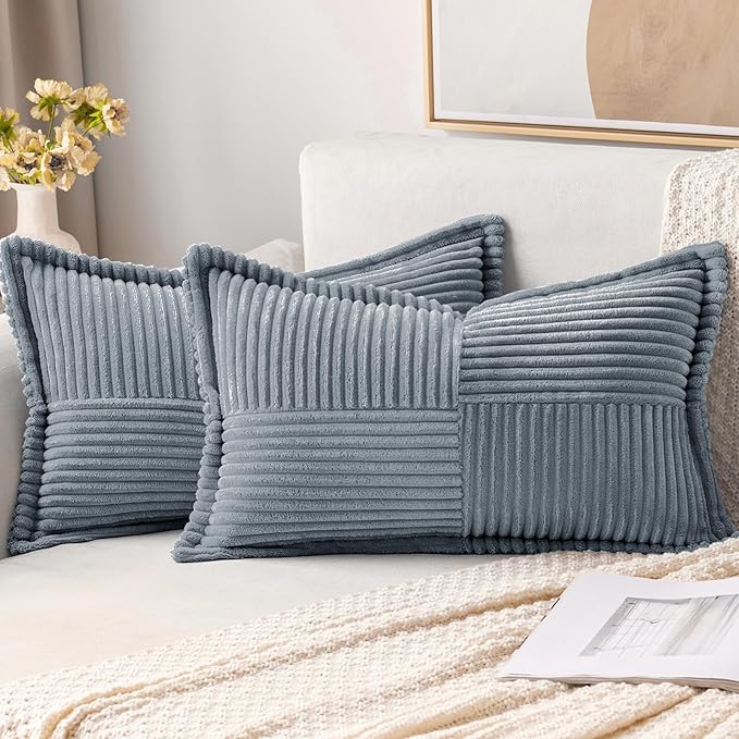 MIULEE Decorative Lumbar Throw Pillow Covers for Couch Bed Livingroom 12x20 Inch Set of 2 Dustyblue Boho Accent Throw Pllows Broadside Striped Patchwork Soft Corduroy Pillowcases