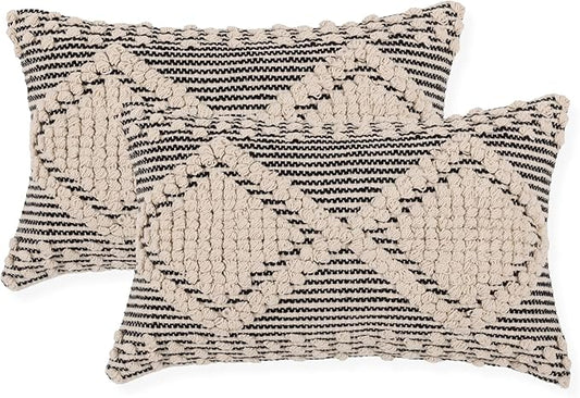 REDEARTH · Boho Textured Throw Pillow Cushion Covers- Lumbar Woven Tufted Decorative Farmhouse Cases Set for Couch, Sofa, Bed, Chair, Dining, Patio, Outdoor; 100% Cotton (12"x20", Gray) Pack of 2