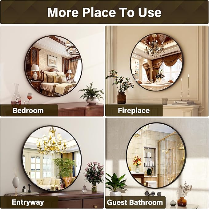 30 Inch Round Mirror - Circle Mirrors for Bathroom, Entryway and Living Room Wall Decor, Modern Hanging Vanity Mirror, Matte Black Circle Decorative Wall Mirror