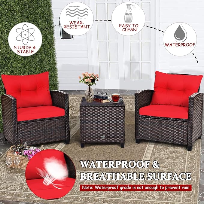 Tangkula 3 Pieces Patio Furniture Set, PE Rattan Wicker 3 Pcs Outdoor Sofa Set w/Washable Cushion and Tempered Glass Tabletop, Conversation Furniture for Garden Poolside Balcony (Red)