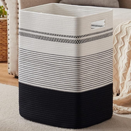Laundry Hamper, Large Woven Rope Tall Laundry Basket with Handles, 22" X 17" X 13", Decorative Storage Basket for Clothes and Blankets in Living room, Bedroom, Black& White
