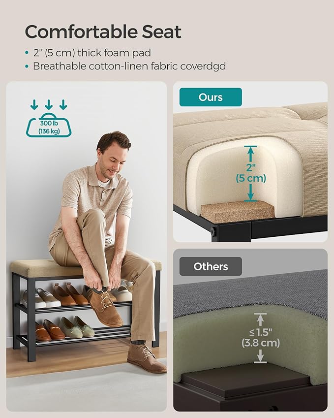 SONGMICS Shoe Bench, Storage Bench, Entryway Bench with Cushion, Shoe Shelf with Seat, Space-Saving, Modern Style, for Living Room, Bedroom, Hallway, Camel Brown and Ink Black ULBS057K01