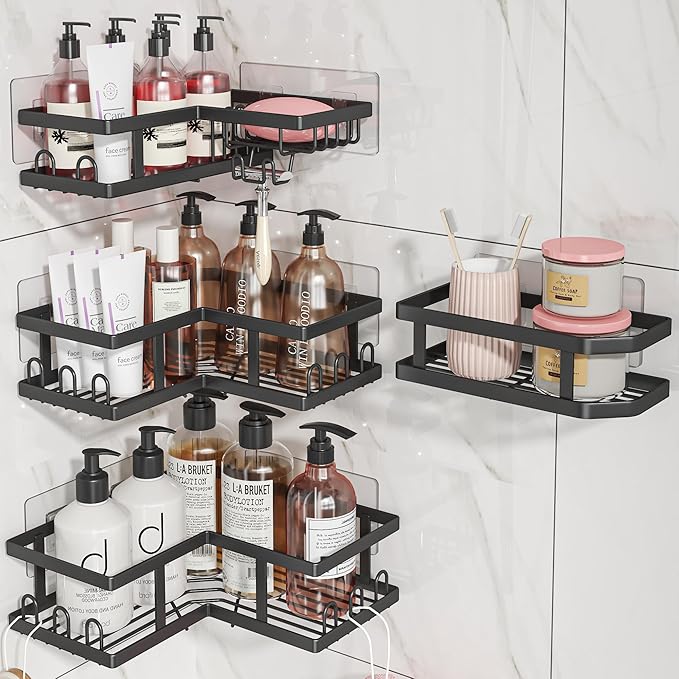Adhesive Corner Shower Caddy with Soap Holder - Rustproof, No Drilling Shelves Wall Mounted, Organizer for Bathroom, Kitchen & Home Decor. Black, 4-Pack