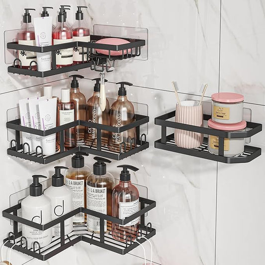 Adhesive Corner Shower Caddy with Soap Holder - Rustproof, No Drilling Shelves Wall Mounted, Organizer for Bathroom, Kitchen & Home Decor. Black, 4-Pack