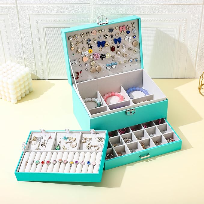 BOOVO Earring Jewelry Box For Women Girl Stud Organizer, 5 Layers Girl Jewelry Organizer Box With Lock Earring Holder Organizer Necklace Ring Jewelry Organizer Box For Girls (Turquoise Blue)