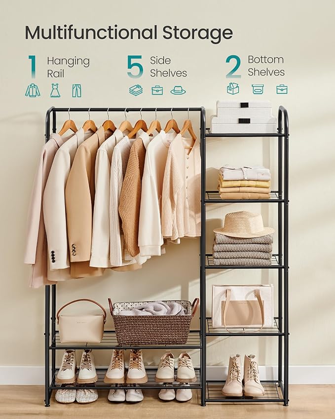 SONGMICS Wardrobe Closet, 44.1 Inch Large Portable Closet, Clothes Rack for Hanging Clothes,Heavy Duty Garment Rack, Storage Organizer with Shelves, 44.1 x 11.4 x 62.4 Inches, Black ULGR462B01