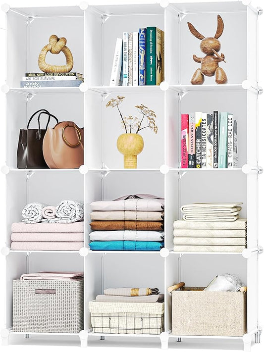 Neprock Closet Organizer, 12 Cubby Storage Organizer,Book Shelf,Clothes Storage,Yarn Storage for Bedroom Organization(White)