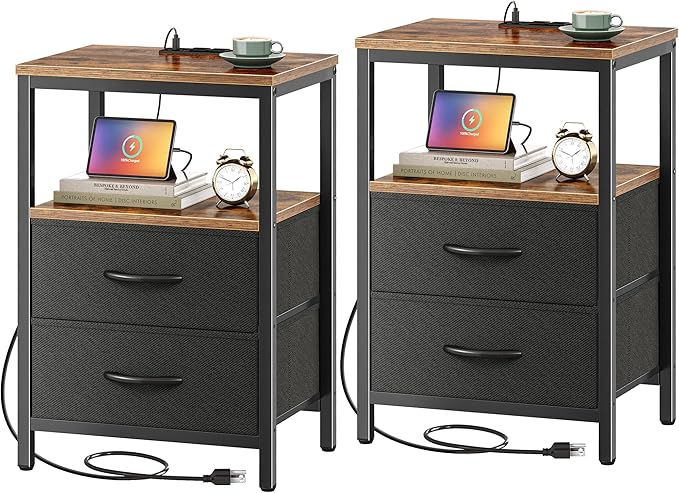 Huuger Nightstands Set of 2, End Tables with Charging Station, Side Tables with Fabric Drawers, Bedside Tables with USB Ports and Outlets, Night Stands for Bedroom, Rustic Brown and Black