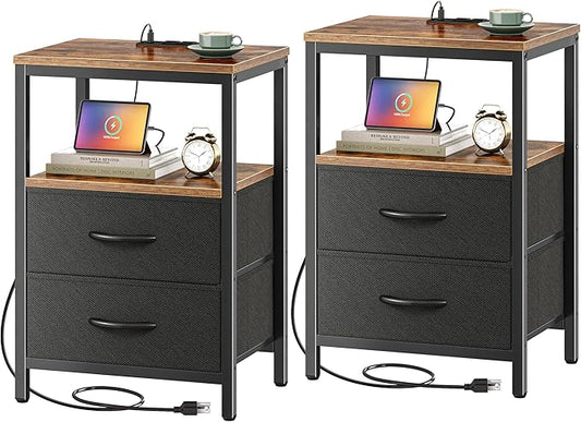 Huuger Nightstands Set of 2, End Tables with Charging Station, Side Tables with Fabric Drawers, Bedside Tables with USB Ports and Outlets, Night Stands for Bedroom, Rustic Brown and Black